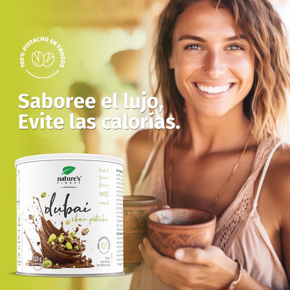 Nature's Finest Dubai Latte Mix con Pistacho, Cacao, Inulina y Clorella, 125 g - Bebida Vegana sin Azúcar Añadido - Apoyo Digestivo y Detox Natural - Bajo en Calorías, Apto para Dietas Keto y Low Carb