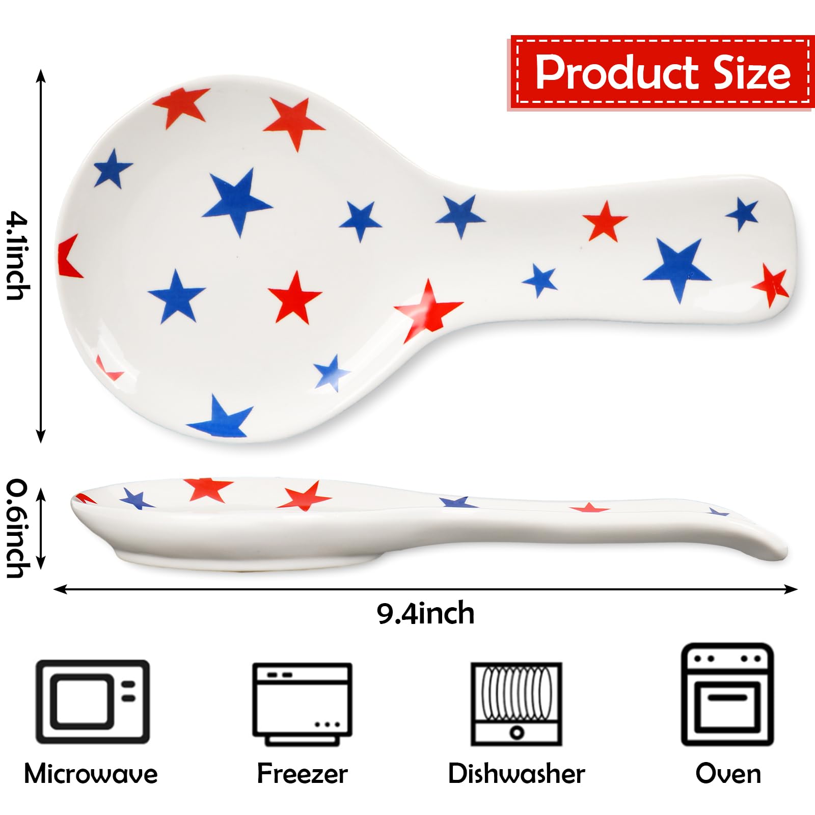 Whaline 9.4 Inch Patriotic Spoon Rest Red Blue Star Ceramic Spoon Holder 4th of July Cooking Spoon Holder for Independence Day Stove Top Kitchen Counter Decor