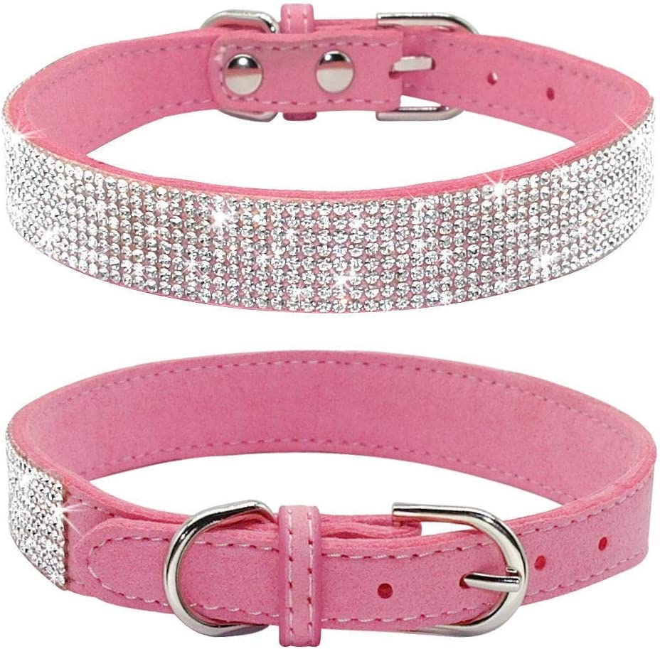 SWR Rhinestone Dog Collar, Cute Dazzling Sparkling Soft Suede Leather Dog Cat Rhinestone Collar Crystal Diamond Pet Dog Puppy Collar (XXS, Pink)