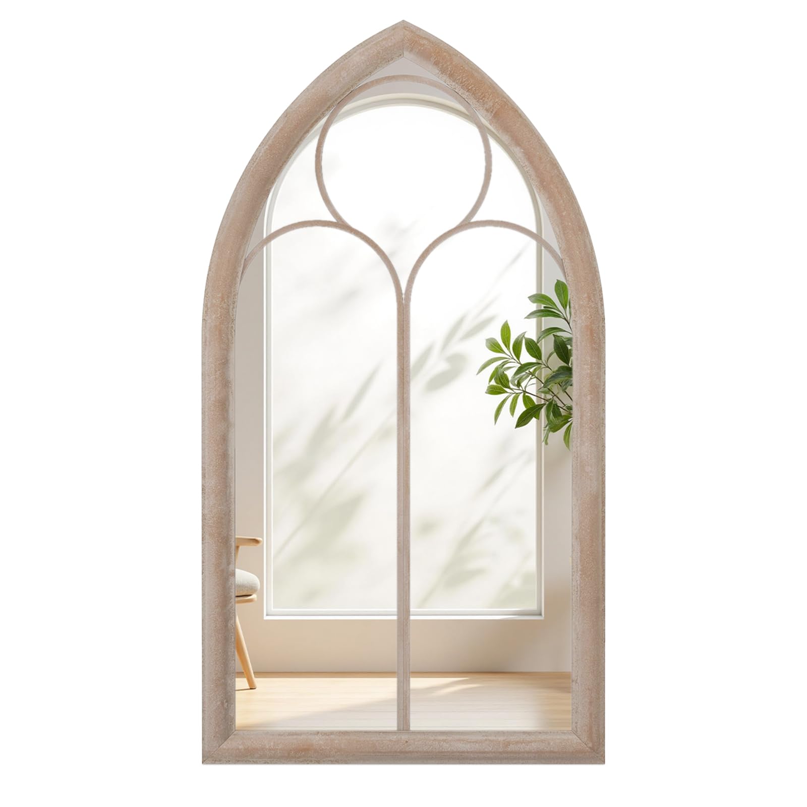 COSTWAY Arched Window Wall Mirror, Farmhouse Hanging Accent Decorative Mirror, Indoor Outdoor Metal Frame Wall Mounted Windowpane Mirrors for Hallway, Living Room, Garden (Rustic Grey, 111.5x60.5cm)