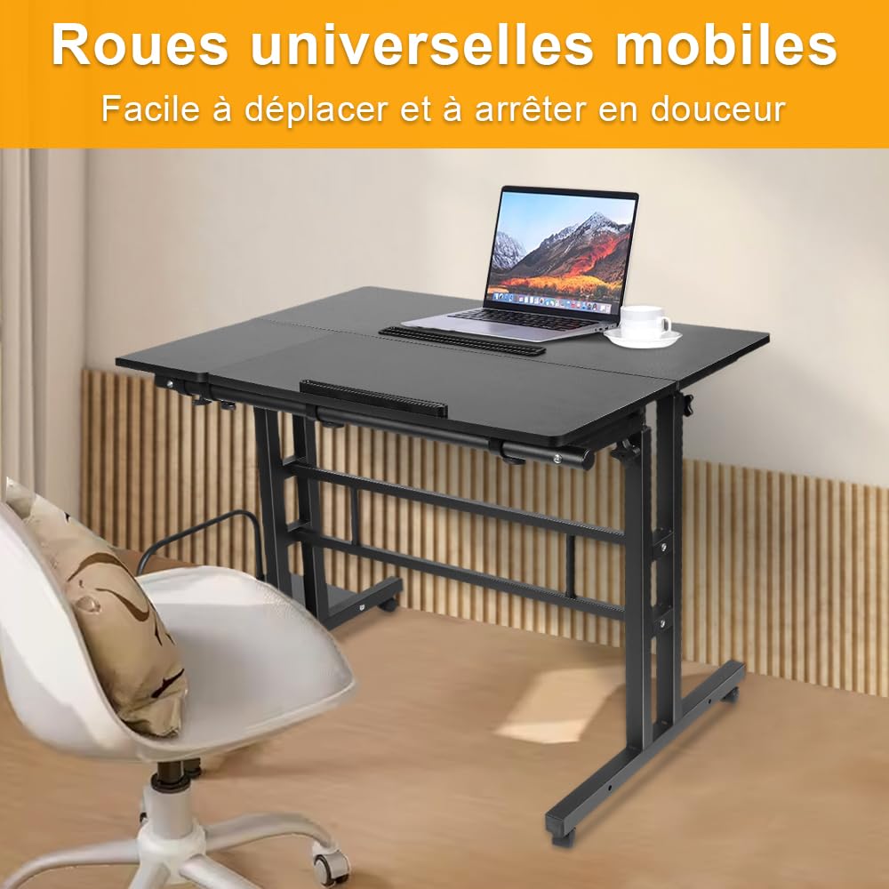 Scrivania in piedi regolabile in altezza con 6 ruote, inclinabile, tavolo compatto per PC per casa, ufficio, postazione di lavoro sit-stand (80 + 22) x 60 cm