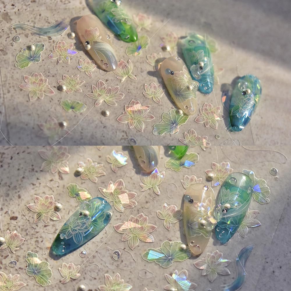 Summer Lotus Flower Leaves Nail Art Stickers Aurora Light Nail Decals Embossed Self Adhsive Sticker for Women Girls DIY Nails Manicure Salon (Lotus)