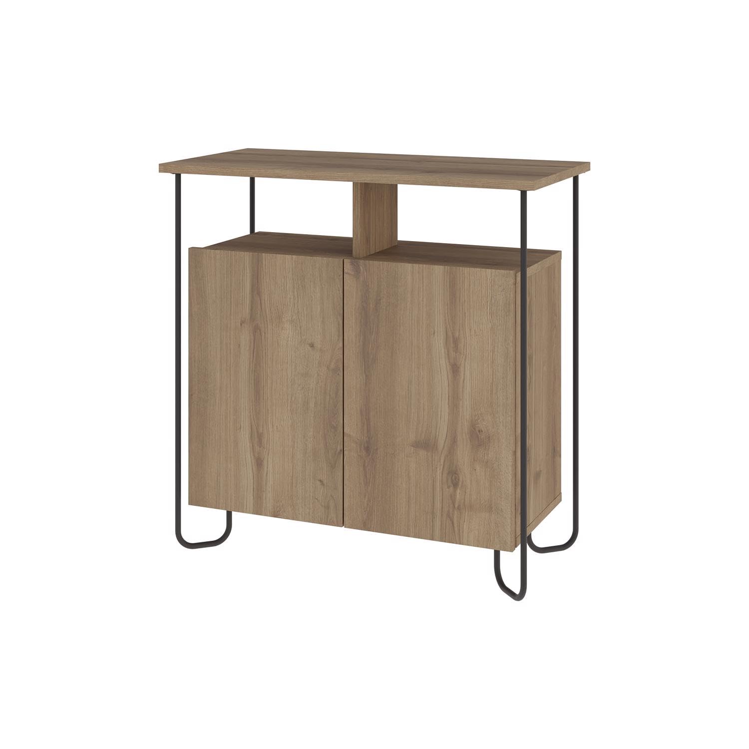 FWStyle 2 Door Sideboard Matt Dark Oak – Modern Storage Cabinet with Metal Frame and Open Display Shelf