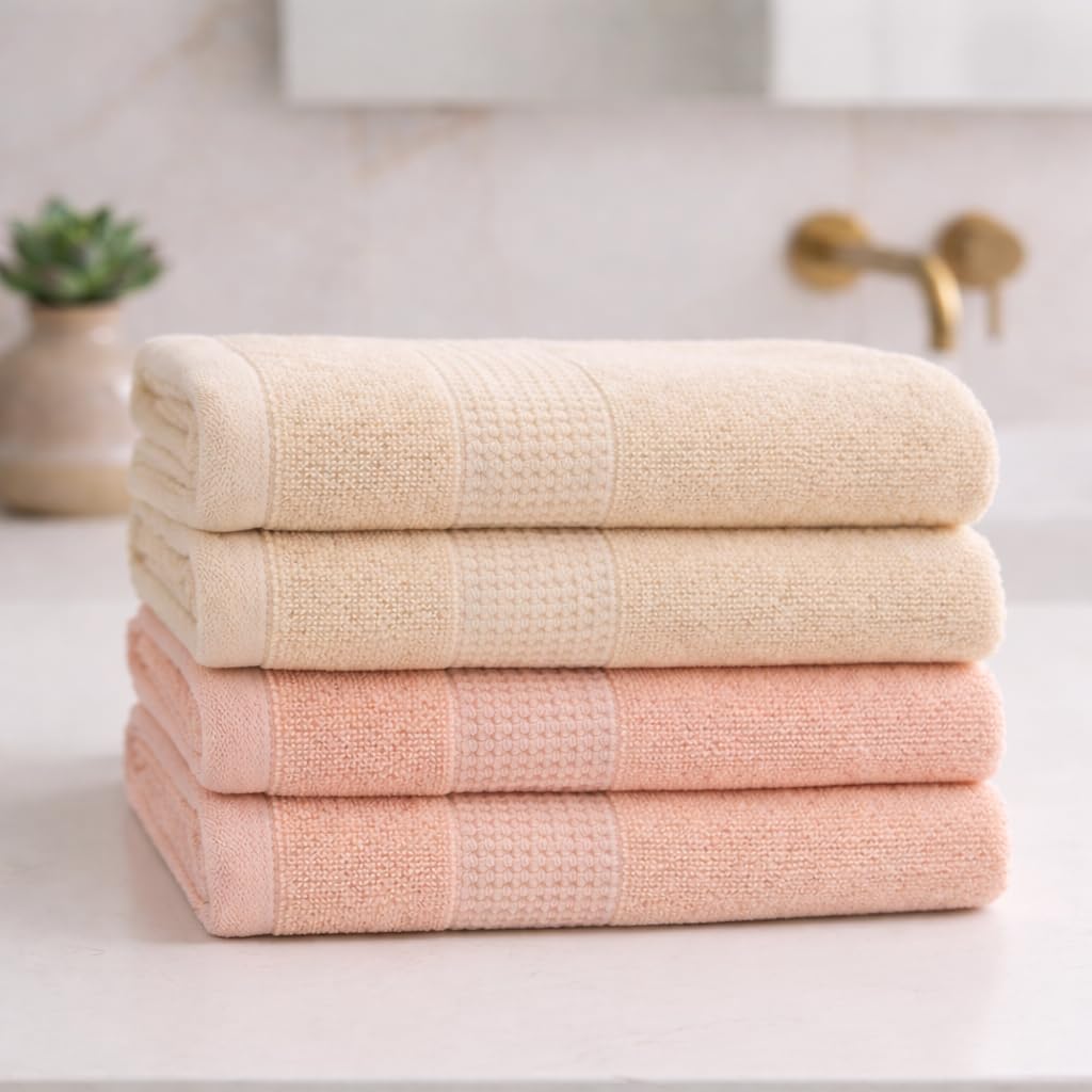 Zero Twist Antimicrobial Combed Cotton Hand Towel Set of 4 for Sensitive Skin, Kills 99% Germs, Small Towels for Hand Wash, Towel for Men & Women, 40×70 cm, 500 GSM, Beige & Peach