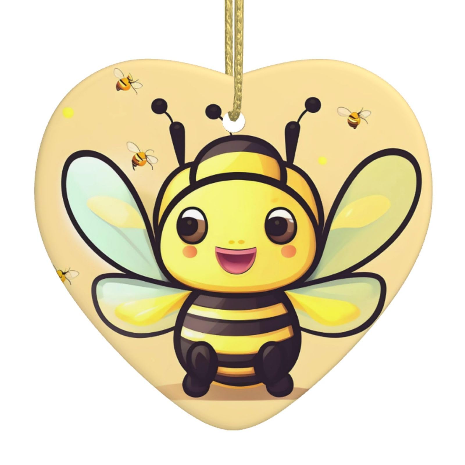 Yellow bee Ceramic Christmas Heart Pendant with Silk Thread, Christmas Tree Home Decoration