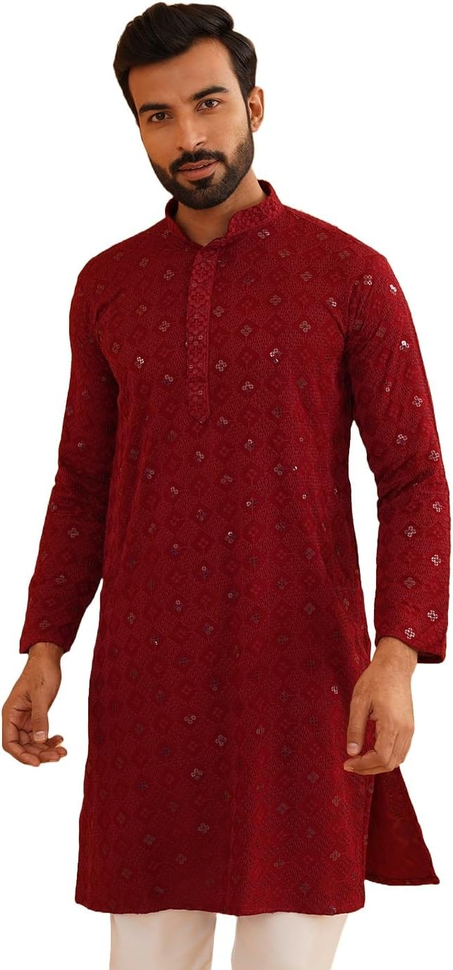Sojanya (Since 1958 Men'S Cotton Embroidered Sequinned Long Kurta