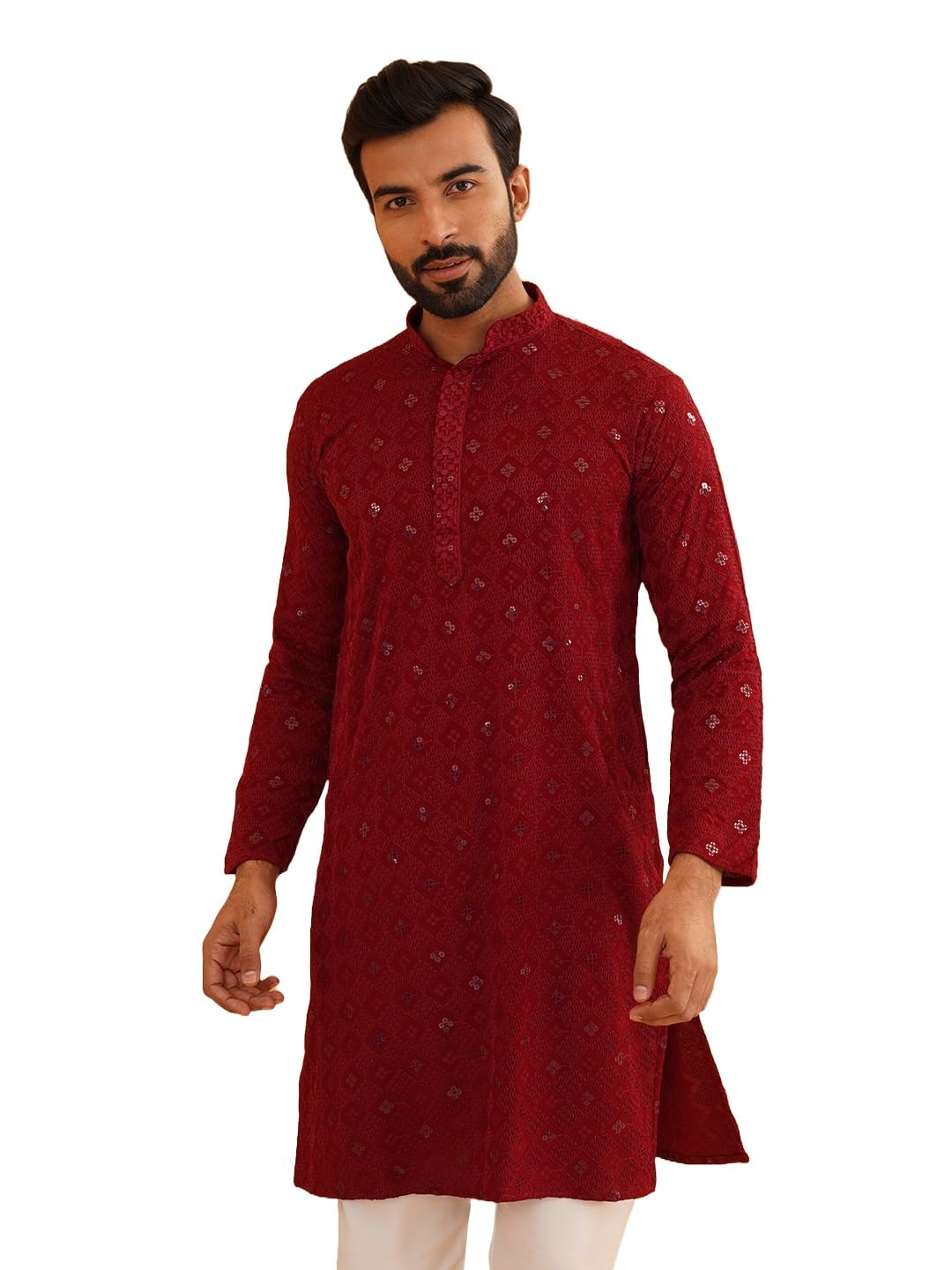 Sojanya (Since 1958 Men's Cotton Embroidered Sequinned Maroon Long Kurta Size 42