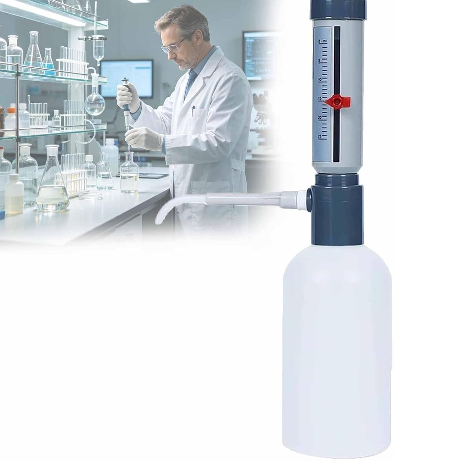 Dozownik laboratoryjny do pipet, dozownik 0-25 ml do stosowania na szyjce butelek laboratoryjnych, z plastikową butelką o pojemności 500 ml/1000 ml, precyzyjna skala pomiarowa i dawka