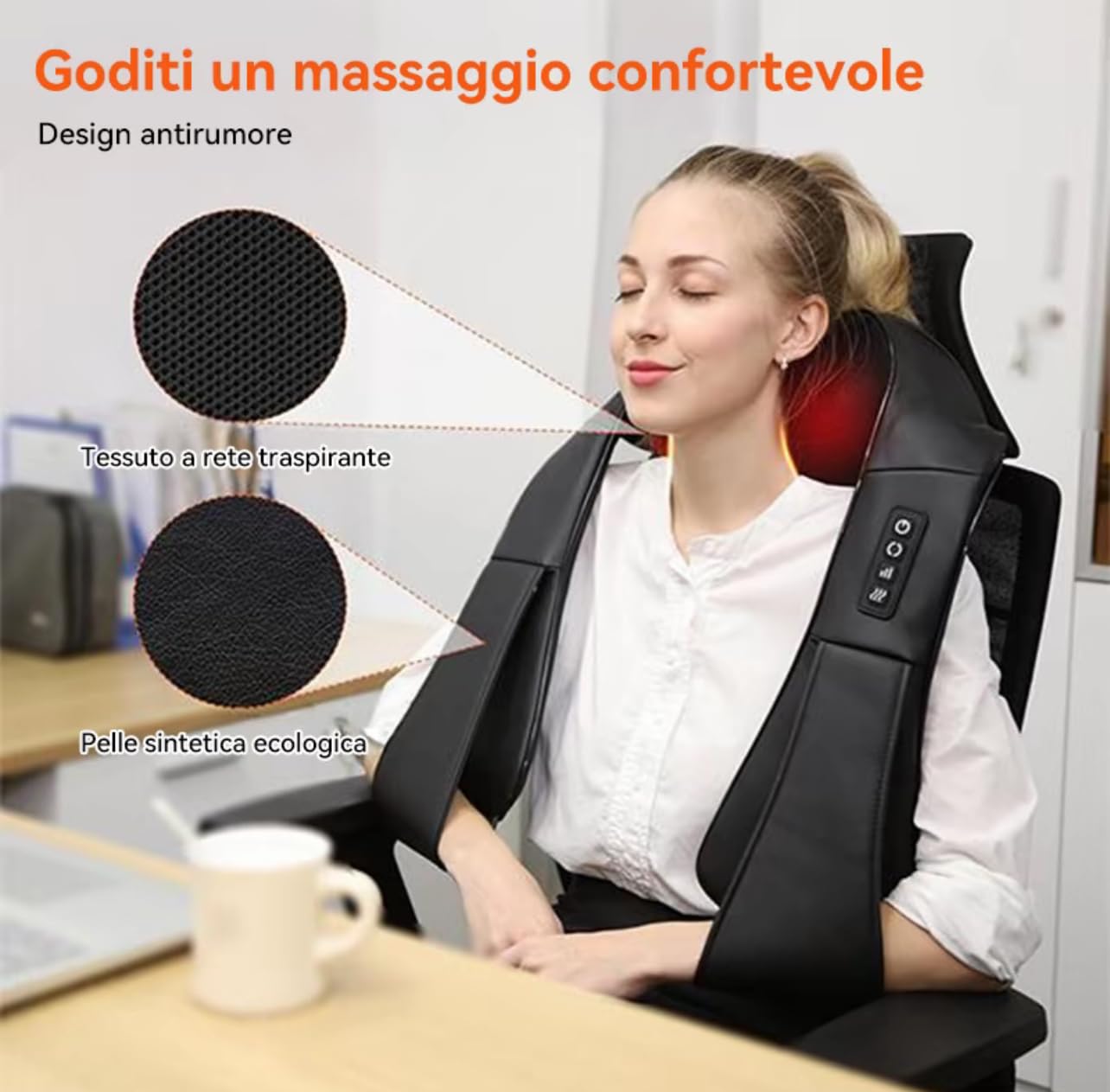 Massaggiatore Cervicale e Spalle con Calore – Shiatsu, Design Antirumore, Tessuto Traspirante, Pelle Sintetica Ecologica, Funzione Riscaldante, Portatile per Casa, Ufficio e Auto