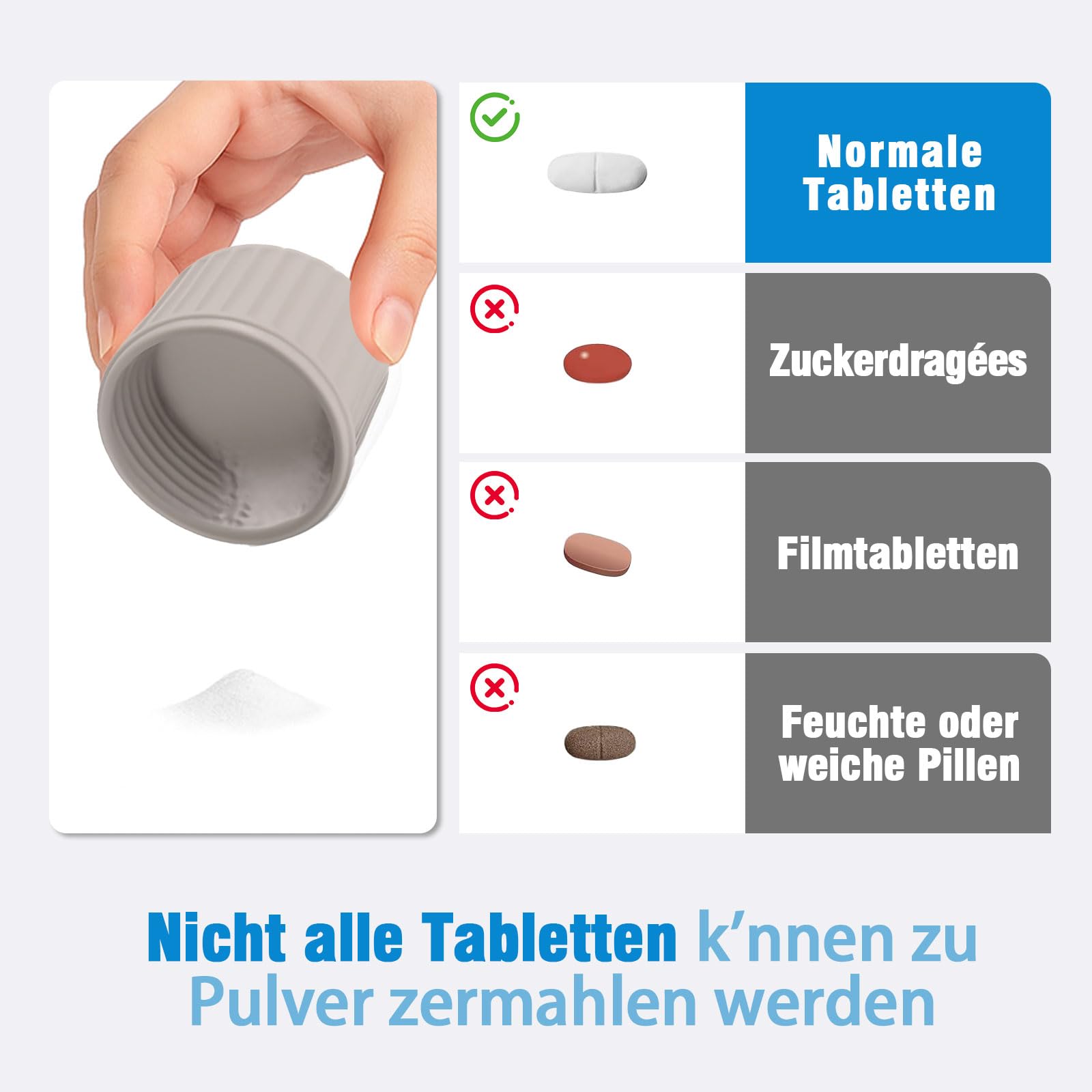 Tablettenmörser 4-in-1, Tablettenschneider mit Aufbewahrung, Tablettenzerkleinerer zum Tabletten zerkleinern, tragbarer Tablettenzerkleinerer für Zuhause & Reise (grau)