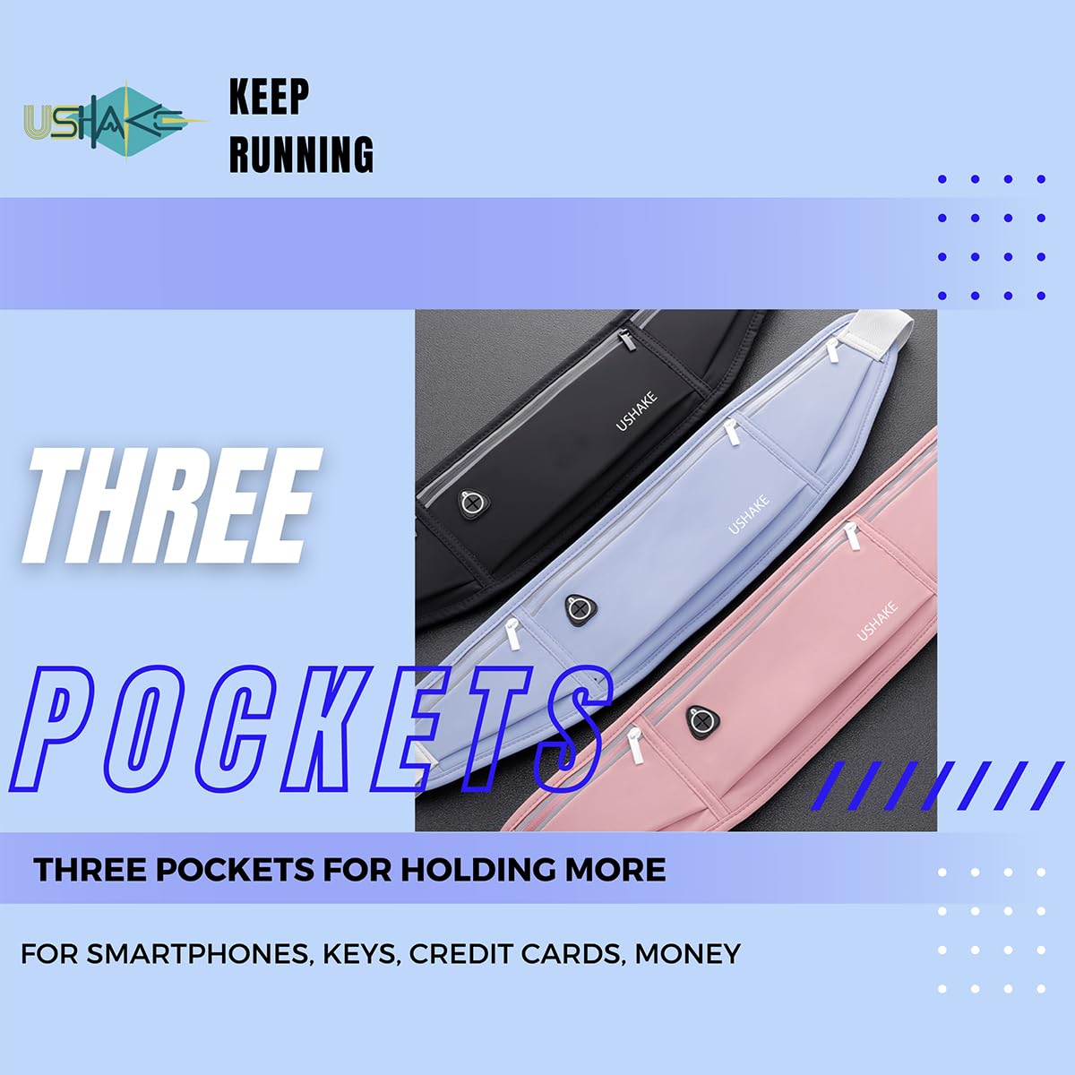 USHAKE Slim Running Belt, Workout Fanny Pack for Men Women,Exercise Waist Pack for Apple iPhone Holder, Runner Belt for Running Walking Cycling Camping Gym Dark Blue