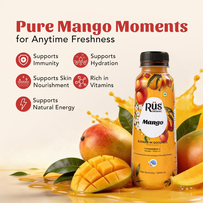 Image of Rus Organic Mango Juice | Natural Fresh Alphonso Mango Fruit Juice | Cold-Pressed | Pack of 2 (1000ml Each) | No Added Sugar or Preservatives | Rich in Antioxidants | Refreshing Drink