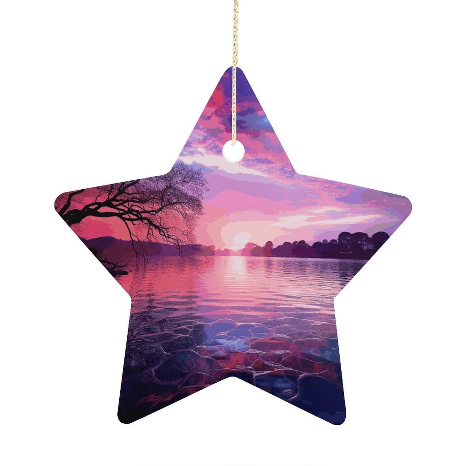 Purple Sunset on Water Stars Ornaments Ceramic Christmas Tree Hanging Light in Weight Christmas Star Pendants Funny Double-Sided Printed Xmas Ornaments for Gifts