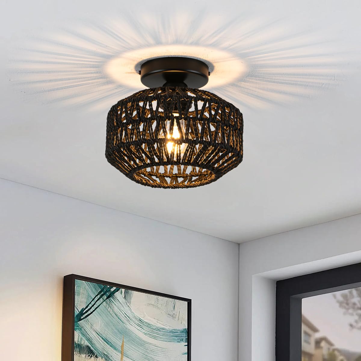 Photo 1 of Avinluxe Rattan Ceiling Light, 1 Light Bohemian Modern Woven Flush Mount Ceiling Light, Mini Boho Light Fixture for Bedroom Living Room Dining Room