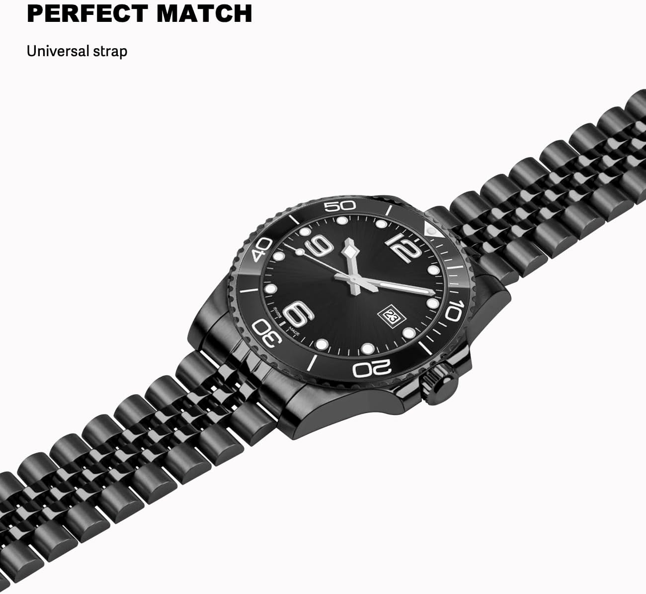 20mm 22mm 23mm 24mm Stainless Steel Watch Band Curved Ends Tapered Metal Watch Bracelet for Men Women Jubilee Bracelet Watch Strap Deployment Double Flip Lock Buckle Black Silver