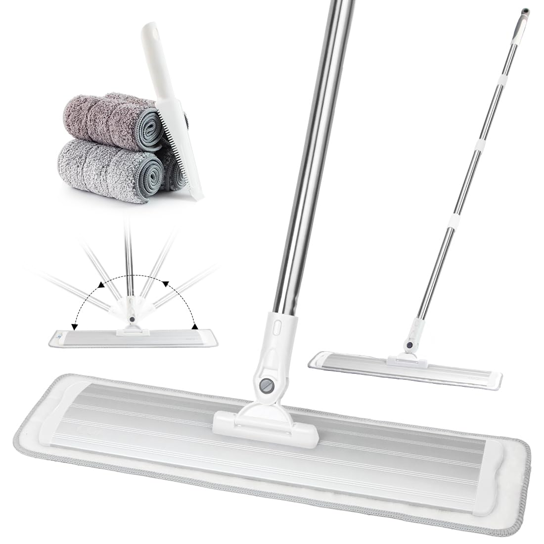Sistema de limpieza de trapeador plano de microfibra CQT para pisos comerciales, de 45 cm (18"), para pisos de madera dura, húmedo, seco y con polvo, con 4 almohadillas lavables, limpiador para laminados, mango y extensión de acero inoxidable (PT12-WET)