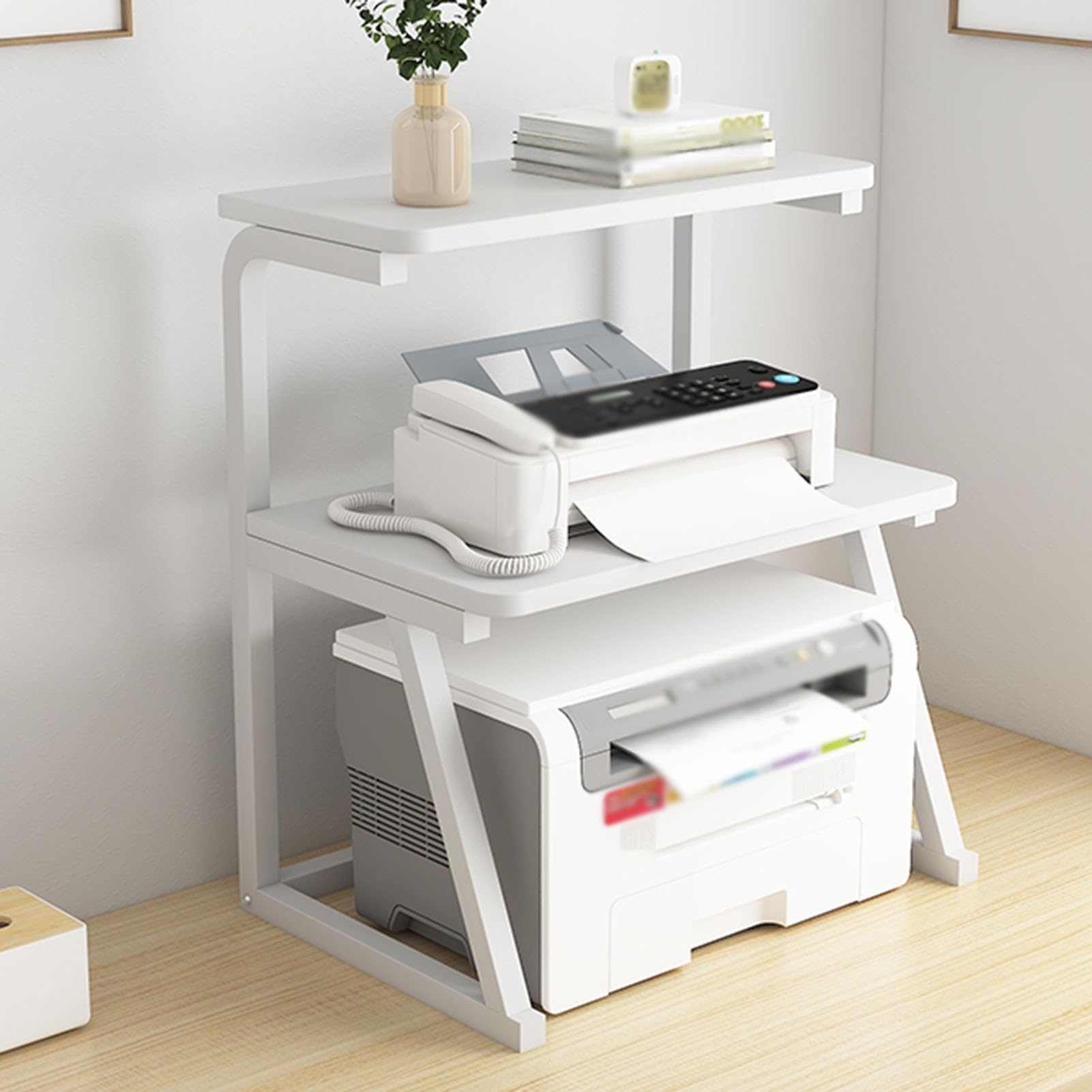 2-stufiger Desktop-Druckerständer, Schreibtisch-Organizer-Aufbewahrungsregal, Faxständer-Aktenständer-Bücherregal, Geeignet for Home-Office-Faxgerät-Scanner-Dateibücher (Color : White)
