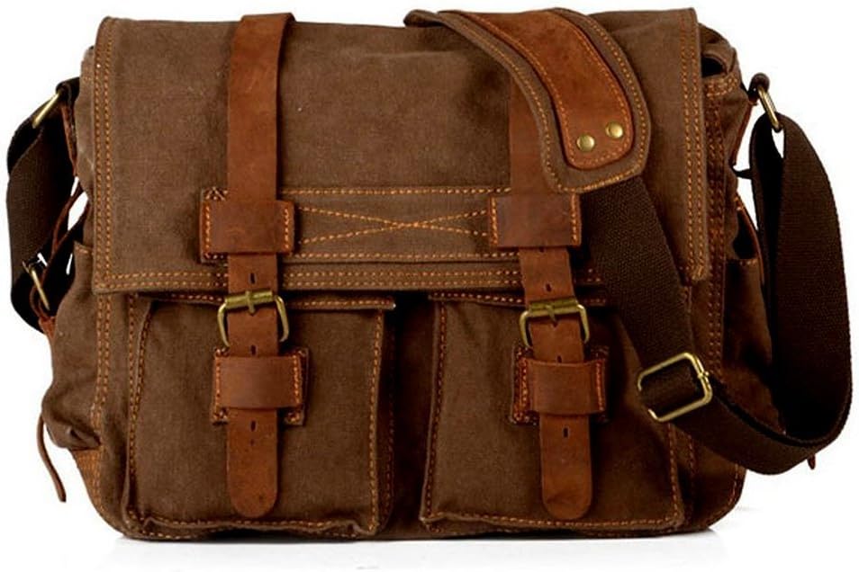 Laptop Bag 14.5 inch Mens Vintage Casual Canvas Messenger Bag Men's Military Leather Canvas Travel Briefcase Crossbody Satchel Shoulder School Bag for Notebook Laptop (Coffe)