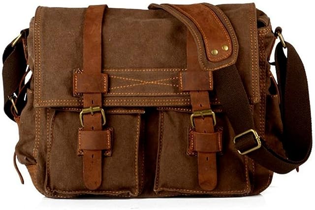 Laptop Bag 14.5 inch Mens Vintage Casual Canvas Messenger Bag Men's Military Leather Canvas Travel Briefcase Crossbody Satchel Shoulder School Bag for Notebook Laptop