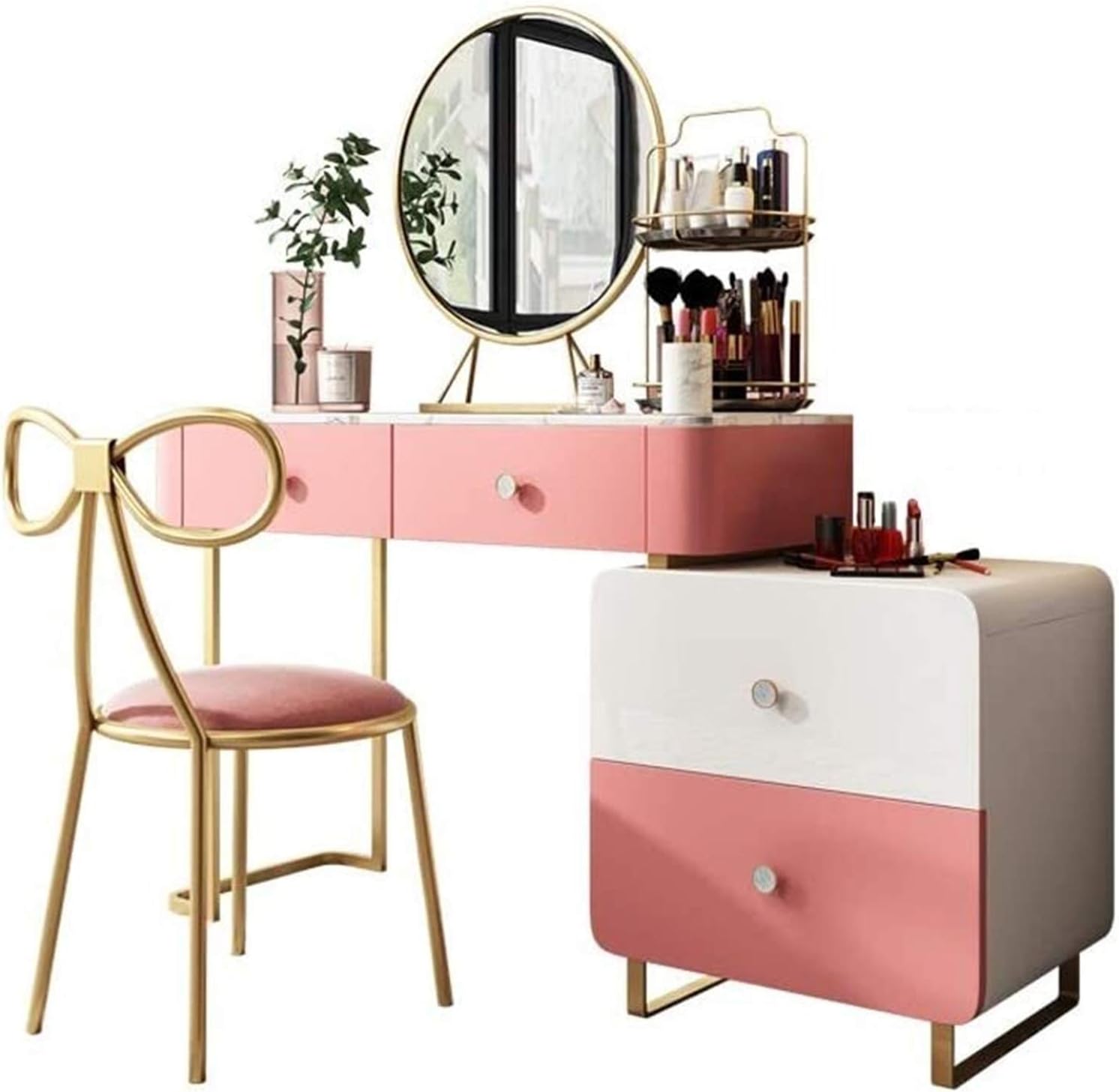 Makeup Vanity Table Set,Oval Mirror and Surprise Gift Makeup Organizer 4 Drawers Dressing Table Retractable Left