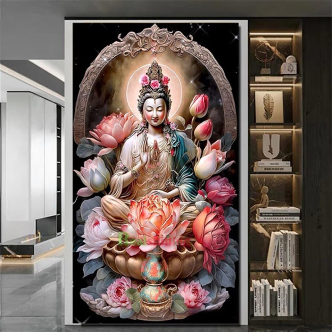 Diamond Painting Kits for Adults,Large 5D DIY Lotus Buddha Diamond Art Kits Beginners Full Round/Square Diamond Painting Rhinestone Embroidery Cross Stitch Gem Art for Home Decor Gift 60x120cm/24x48in