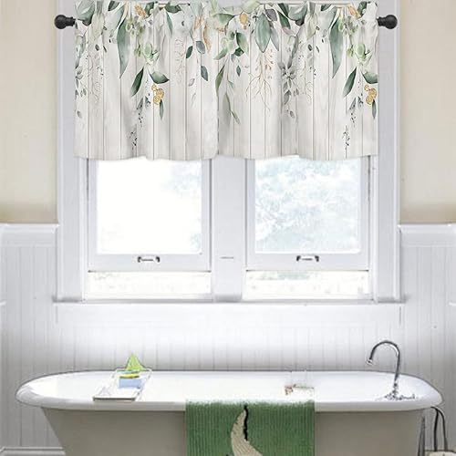 Sage Green Eucalyptus Leaf Kitchen Curtains Valances For Windows Spring Summer Watercolor Leaves Rod Pocket Valance 1 Panel Short Toppers Curtain 54X18 Inch For Bedroom Bathroom Living Room Decor #TOP4