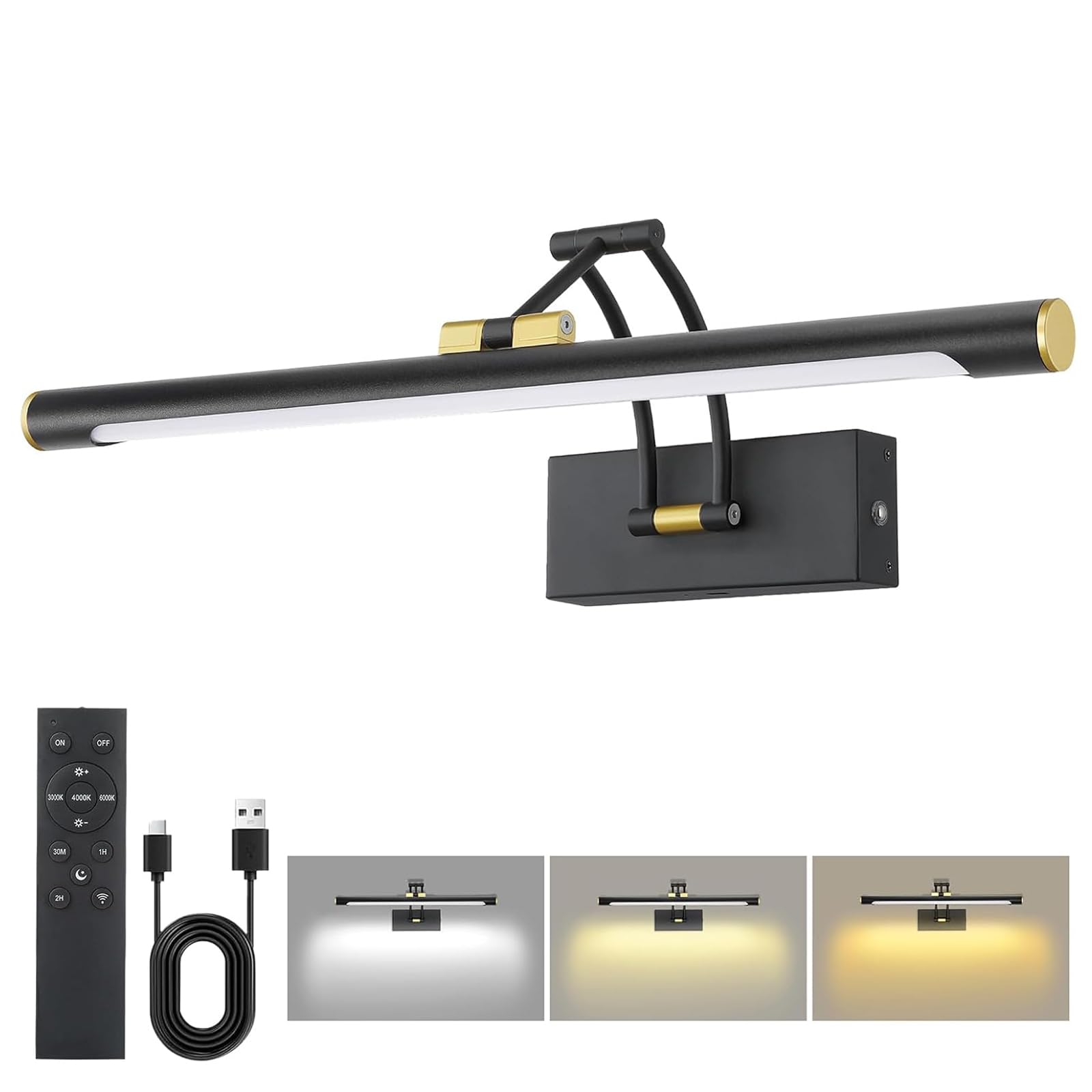16" Picture Lights for Wall 40cm, 8000mAh Rechargeable Wireless Picture Light with Remote, LED Wall Lights 3000K/4000K/6000K Dimmable, Art Lighting for Paintings Frame Gallery Dartboard, Black Gold โ image 1