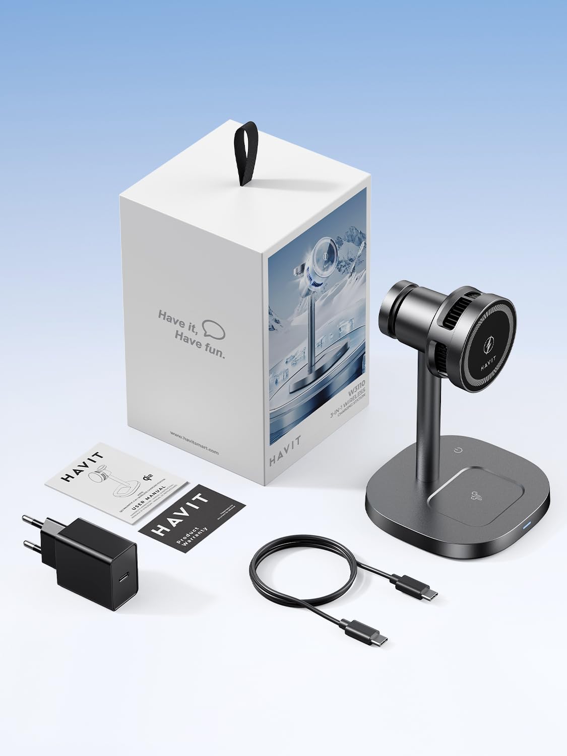 Havit Qi2 MagSafe Stazione di ricarica con raffreddamento attivo, caricabatterie 3 in 1 per Apple Watch e iPhone, caricatore wireless per iPhone 17/16/15/14/13/12 Max/Air/Plus/Pro, Apple Watch
