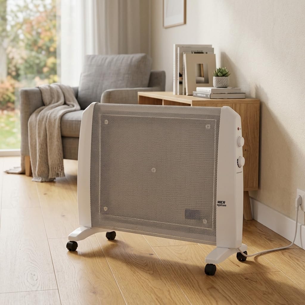 Suinga Radiador de Mica 1500 W | Estufa Eléctrica con Termostato Regulable | 2 Niveles de Calor 750-1500 W | Seguridad Antivuelco y Sobrecalentamiento | Con Ruedas