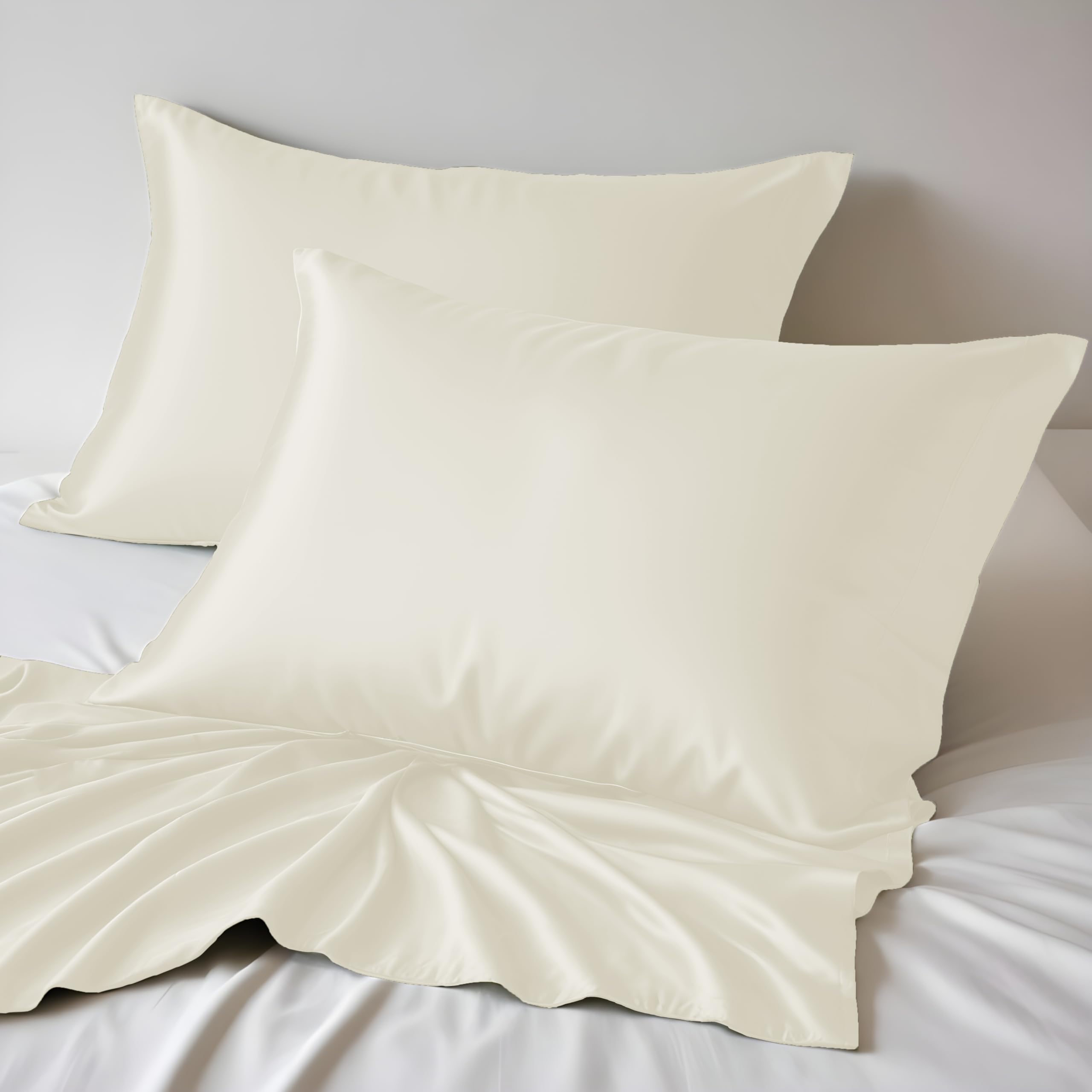 LINENWALAS 100% Organic Bamboo Pillowcase Set of 2 Soft Bamboo Silk Pillowcases for Hair and Skin Standard Size Cooling Pillow Cases Bamboo Bedding (20x30 Inches/Ivory)