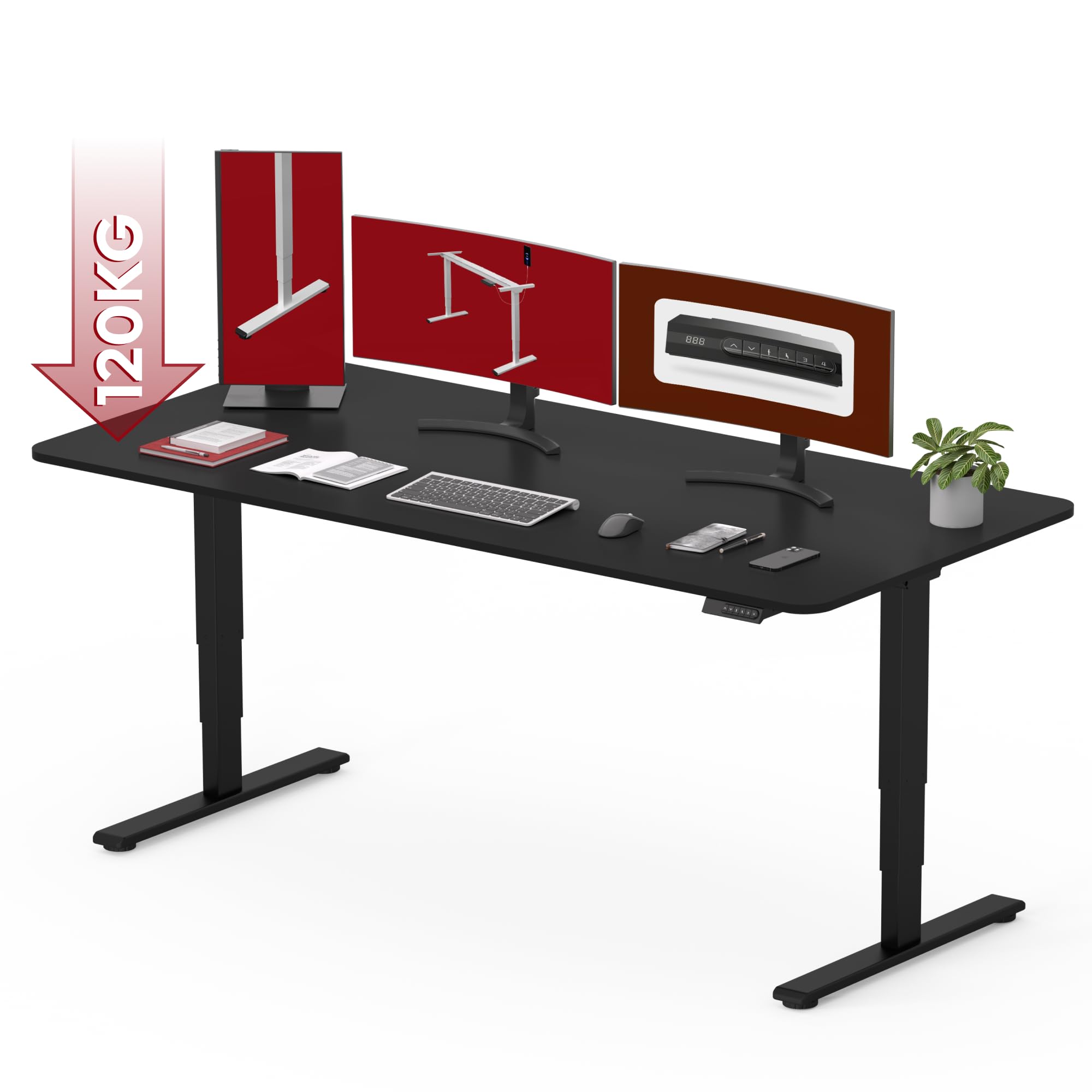 SANODESK 2 Motores Escritorio Elevable EC4 180 x 80 cm Tablero Entero con 3 Secciones Patas Telescópicas con Panel Ajustable, Mesa elevable Standing Desk Ergonómico para Oficina y Hoggar-Negro