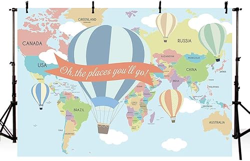 MEHOFOND Cartel de fotos de fondo de 7 x 5 pies para decoración de fiesta de cumpleaños con mapa de viaje alrededor del mundo, globo aerostático Oh