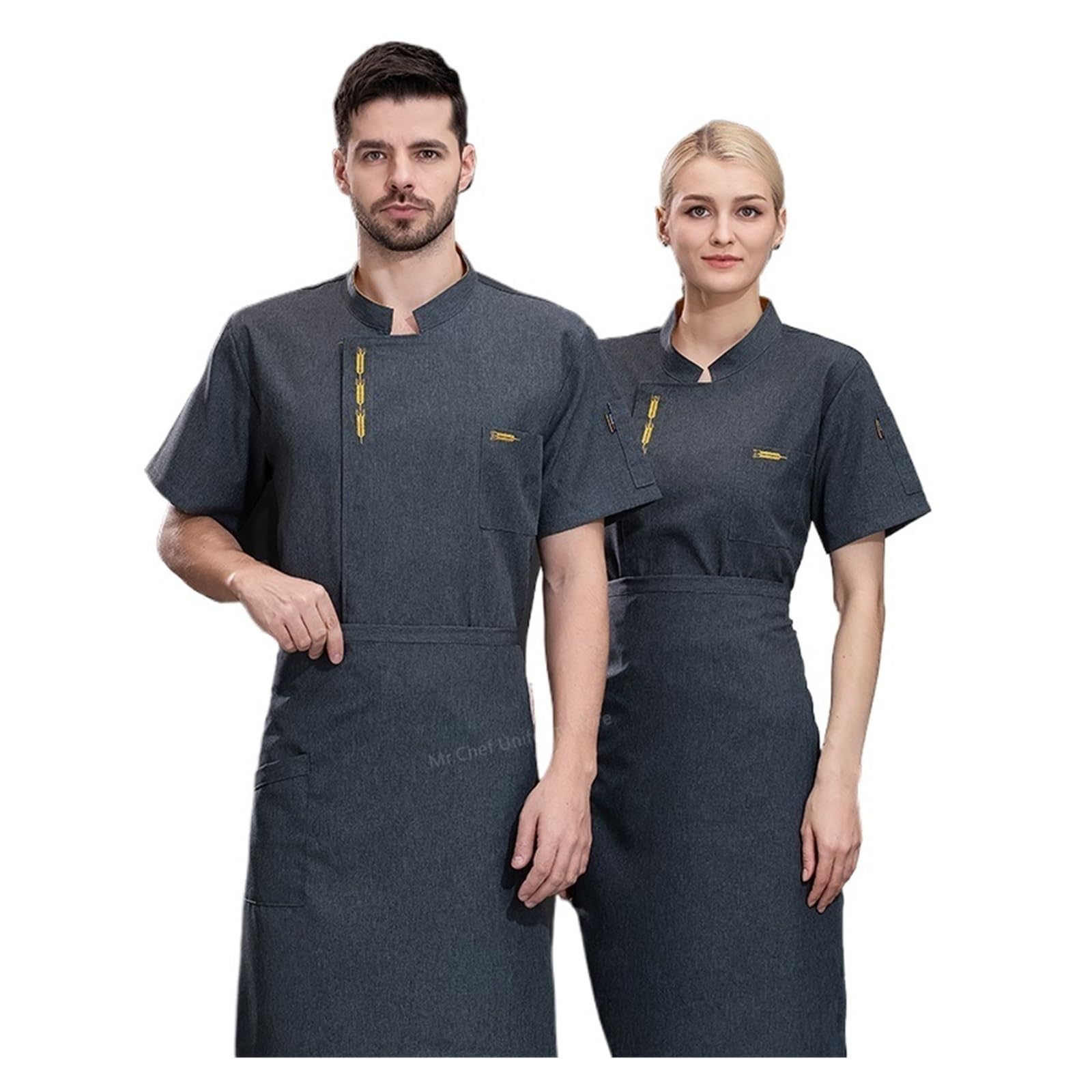 Ropa De Cocinero Chaqueta de chef de manga corta de verano for hombre, uniforme negro, abrigo de chef, delantal, ropa de trabajo, pantalones cortos de chef, transpirable, for restaurante y cocina(Grey