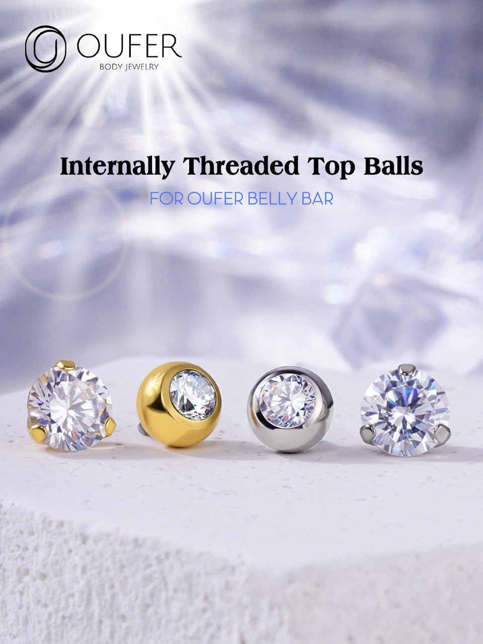 OUFER 2PCS Titanium 14G 5mm Internally Threaded Replacement Balls for Belly Button Rings, Clear CZ Gem for 1.6mm Barbells