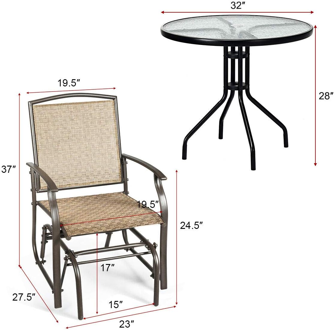 Giantex 3PCS Patio Swing Glider Set with One Glass Table W/Umbrella Hole & Two Rocking Chairs 3 -Piece for Outdoor Garden, Pool, Backyard and Indoor Bistro Set