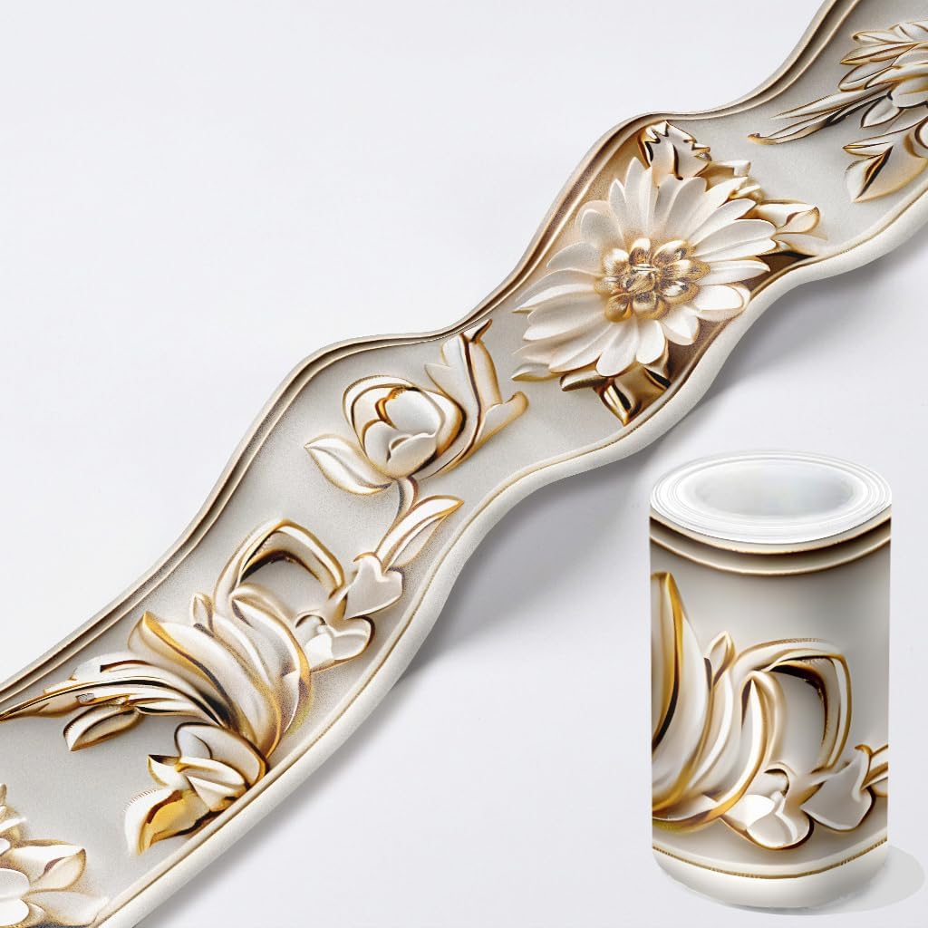 White Gold Flower Wall Border, 3.94" x 196.85" Waterproof Peel and Stick Baseboard Trim for Bathroom, Kitchen, Bedroom