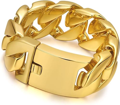 ROWIN&CO Jewelry - Enorme pulsera gruesa de 1.260 in para hombre, resistente, chapado en oro amarillo de 18 quilates, cadena cubana de acero