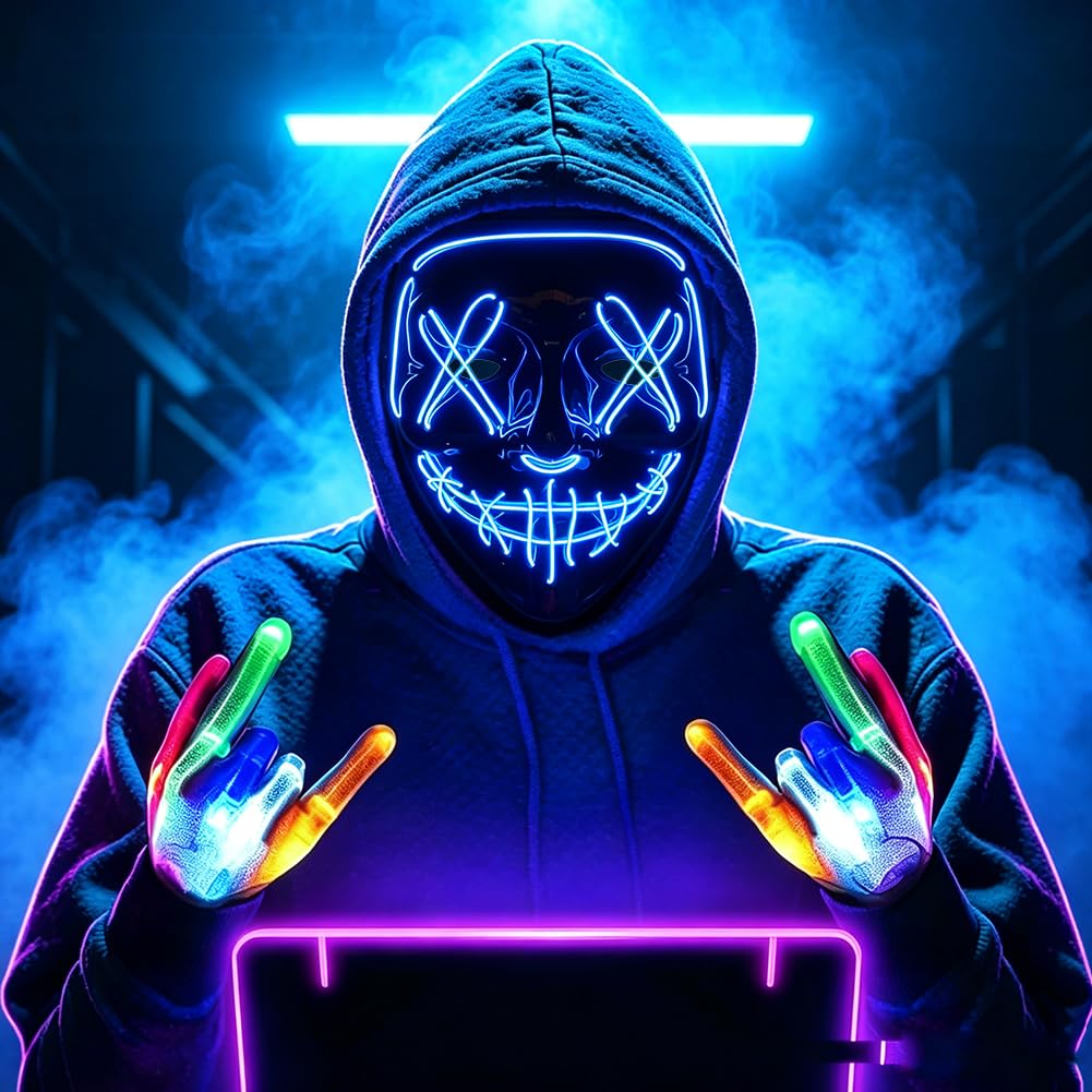 HATFRYF Halloween Masks LED Mask & Gloves in Multiple Light Modes, Light up Scary Mask Gloves, Glowing Horror Smile Masks, Costumes for Men Adults, Anonymous Neon Halloween Gifts - ice blue — image 1