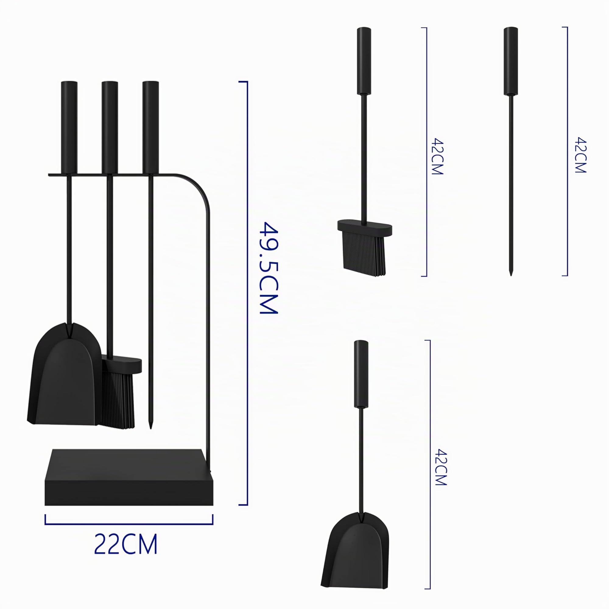 Kingson – Set di accessori per caminetto, 4 pezzi, nero, per bruciatori a legna, include attizzatoio, spazzola e pala