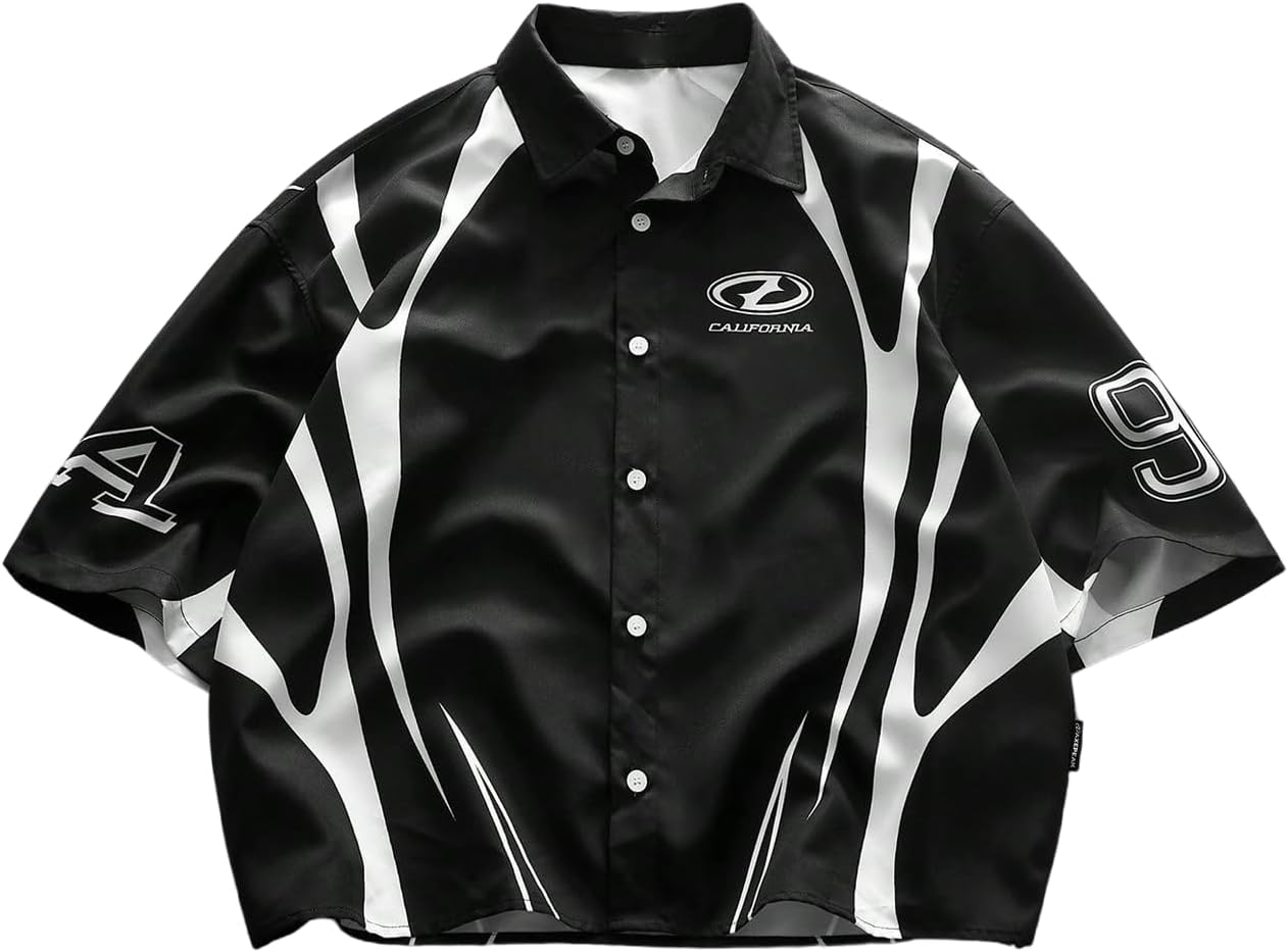 GORGLITTER Men's Cropped Button Up Shirts Casual Y2k Graphic Button Down Short Sleeve Collared Tee Shirts Tops