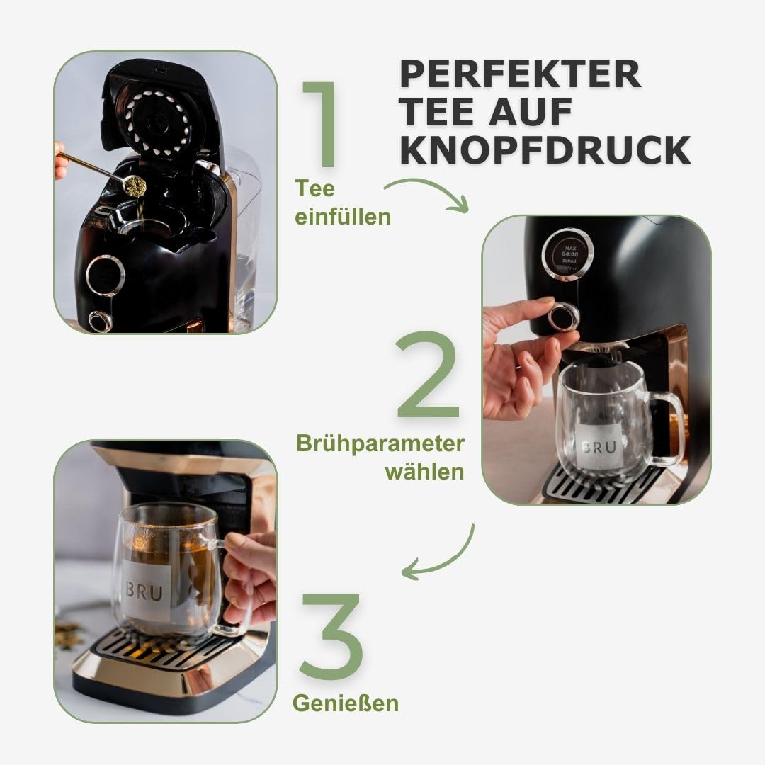 BRU Tee Automat für losen Tee & Kräuter & Teebeutel, OHNE Kapseln, Heißwasserspender & Teemaschine in einem, Tee & filtriertes Wasser auf Knopfdruck, automatisches Reinigungssystem (Schwarz/Chrome)