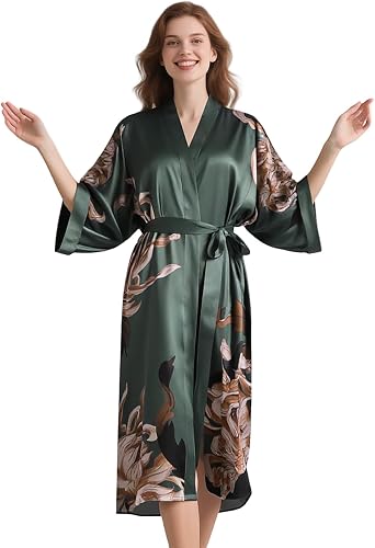 100% Mulberry Silk Long Robe Kimono Floral Print Bath Robe, Heavy Silk 19 Momme Dressing Gown