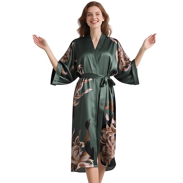 100 Mulberry Silk Long Robe Kimono Floral Print Bath Robe Heavy Silk 19 Momme Dressing Gown