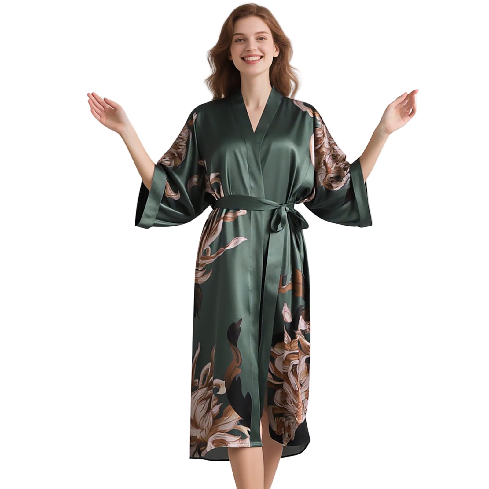 100 Mulberry Silk Long Robe Kimono Floral Print Bath Robe Heavy Silk 19 Momme Dressing Gown