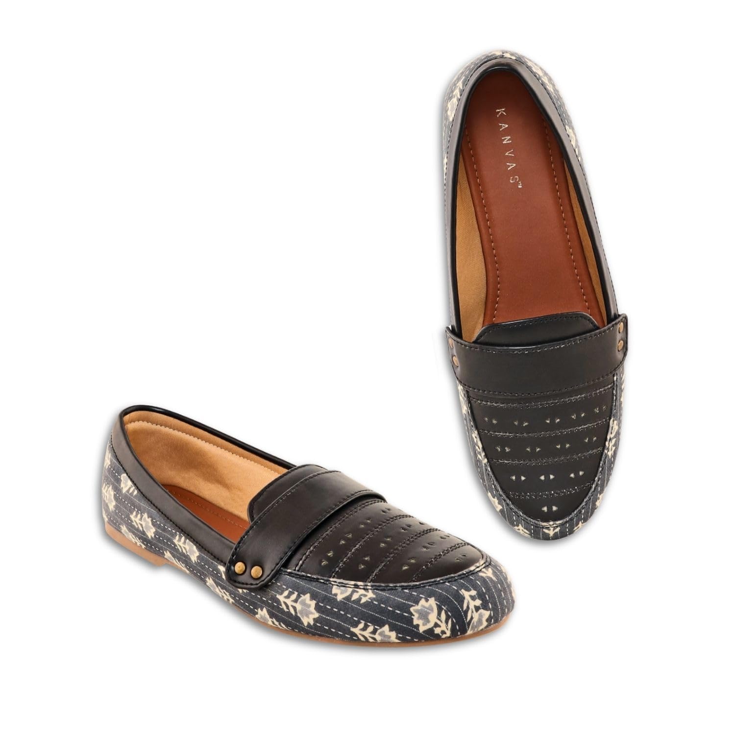 Printed Loafers for Women - Comfortable Casual Slip On Shoes - Cotton & Vegan Leather - Stylish Fashion Moccasins for Casual Wear - Lightweight - Grey Block Print Classic Footwear-image-17