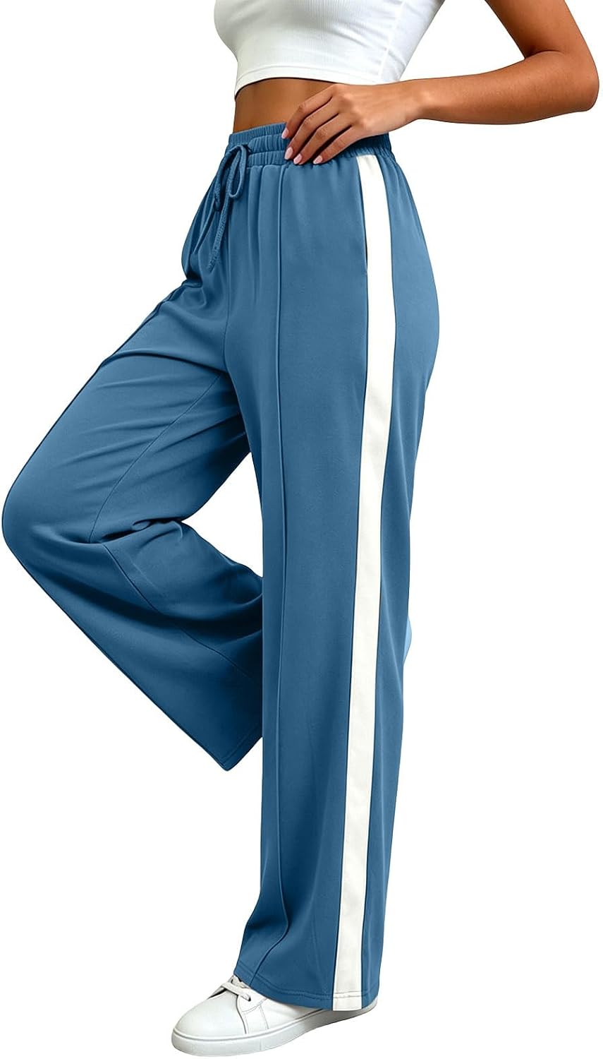Women's Wide Leg Drawstring Sweatpants with Pockets | Womens Sweatpants Wide Leg Drawstring Workout Casual Baggy Pants High Waist Color block Loose Fit Sweatpants with Pockets