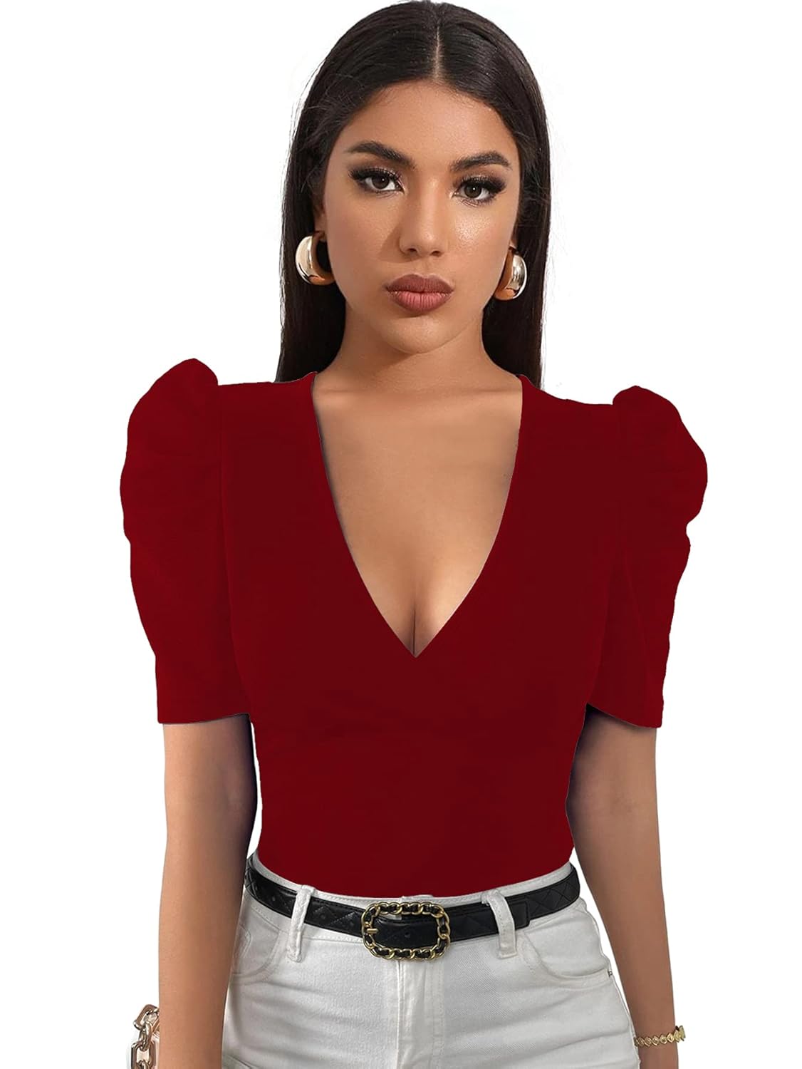 Shasmi Women’s & Girls’ Maroon Short Puff Sleeve, V-Neck, Ruched Bust Solid Tops for Women/Tops, T-Shirts for Girls (TOP 61 Maroon S)