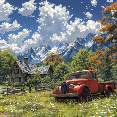 Image of Moohue DIY Counted Stamped Cross Stitch Kits for Adults 14 Count Cross Stitch Patterns Printed Cross Stitch Kits for Adults (Mountain Car)