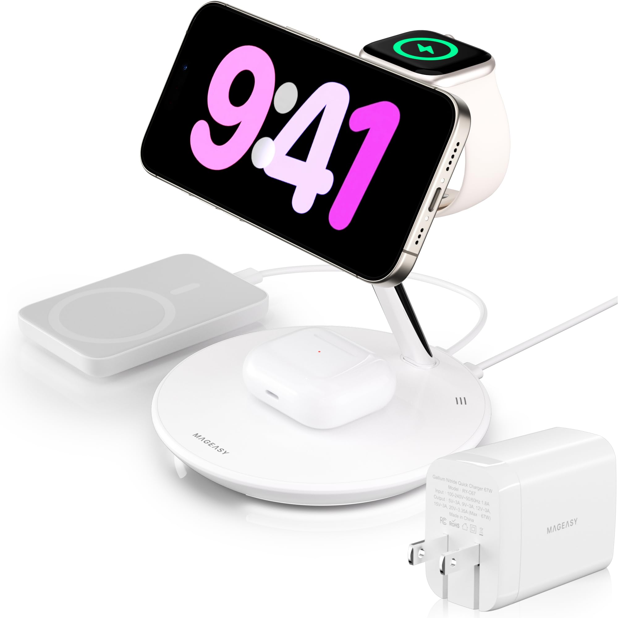 MAGEASY 4 in 1 Charging Station - Total 55W Output, Bedside Charging Station, Fast Charging Stand for iPhone, Apple Watch, AirPods, iPad, with Ambient Light | Power Station (White with 67W Charger)