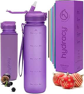 Hydracy Water Bottle with Time Marker -Large BPA Free Water Bottle & No Sweat Sleeve -Leak Proof Gym Bottle with Fruit Infuser Strainer & Times to Drink -Ideal for Fitness Sports & Outdoors